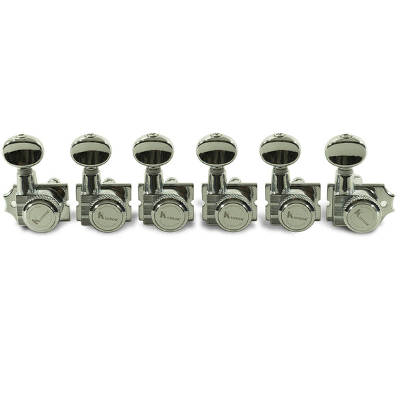 Kluson 6 In Line Locking Revolution Series H-Mount Non-Collared Tuning Machines With Staggered Posts Chrome | SportHiTech