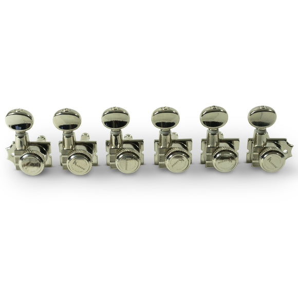 Kluson 6 In Line Locking Revolution Series H-Mount Non-Collared Tuning Machines With Staggered Posts Nickel | SportHiTech