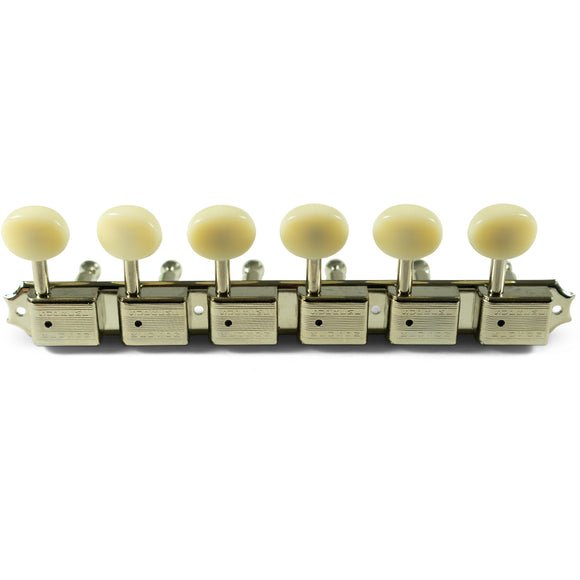 Kluson 6 On A Plate Supreme Series Tuning Machines - Single Line - Nickel With Oval Plastic Buttons | SportHiTech