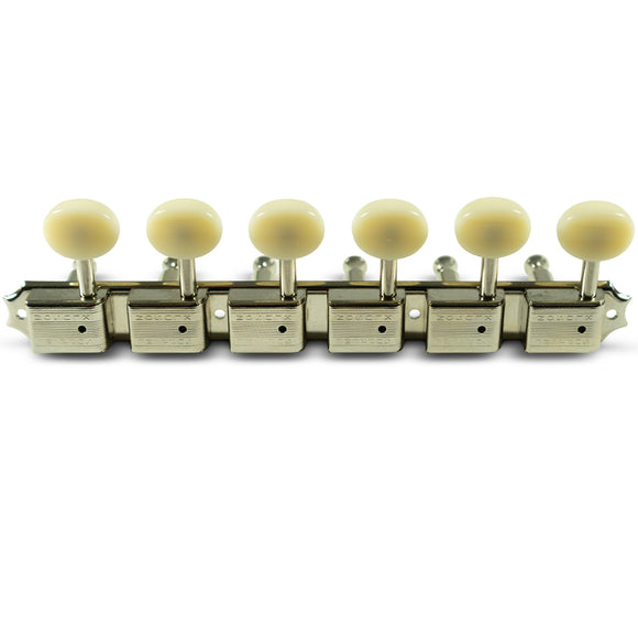 Kluson 6 On A Plate Left Hand Supreme Series Tuning Machines - Single Line - Nickel With Oval Plastic Buttons | SportHiTech