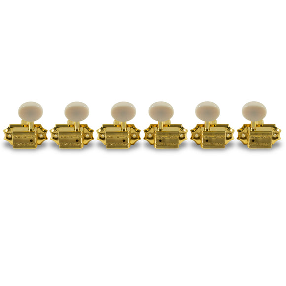 Kluson 3 Per Side Vintage Diecast Series Tuning Machines Gold With Parchment Plastic Button | SportHiTech