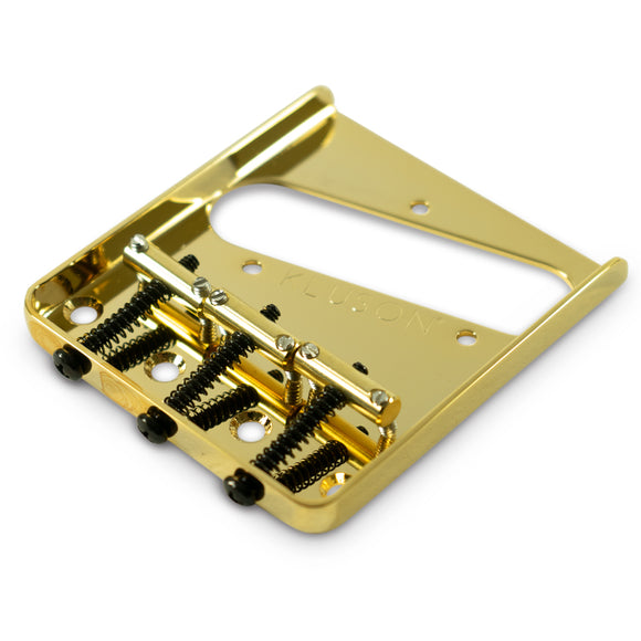 Kluson Left Hand Vintage Replacement Bridge For Fender Telecaster Steel With Brass Saddles - Gloss Gold | SportHiTech