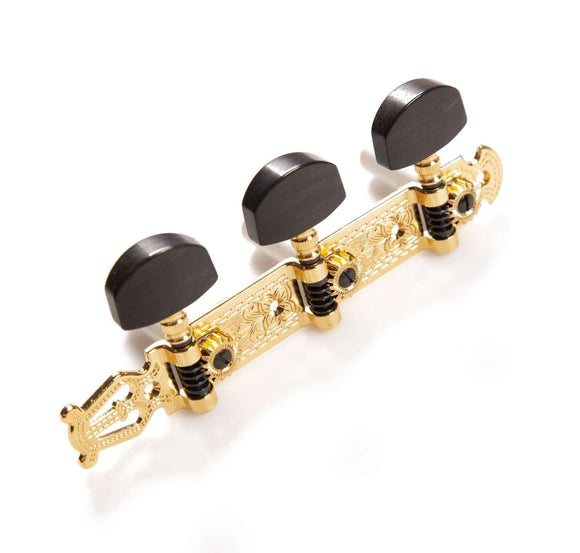 Genuine Schaller Germany Classical Guitar Lyra Tuners 3x3 Gold with Ebony Buttons