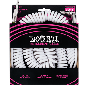 Ernie Ball 30ft  White Vintage Classic Coiled Straight/Angled Instrument cable P06045