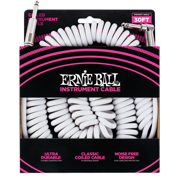 Ernie Ball 30ft  White Vintage Classic Coiled Straight/Angled Instrument cable P06045