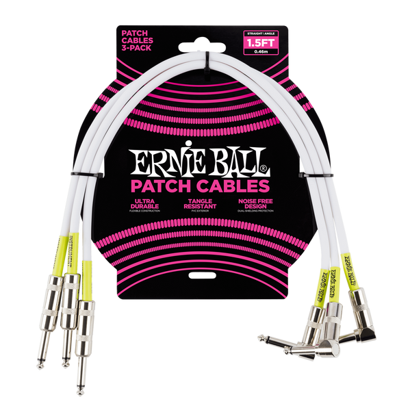 Ernie Ball 1.5ft Angle / Straight Patch Cable 3-Pack White P06056