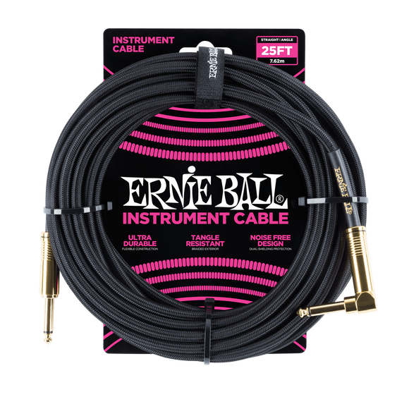 Ernie Ball 25ft  Black Braided Straight/Angle Instrument cable P06058