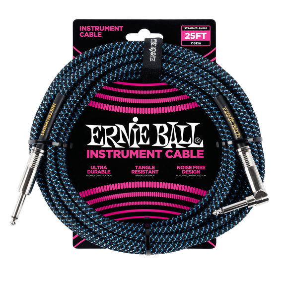 Ernie Ball 25ft  Black/Blue Braided Straight/Angle Instrument cable P06060