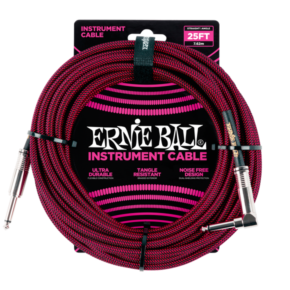 Ernie Ball 25ft  Black/Red Braided Straight/Angle Instrument cable P06062