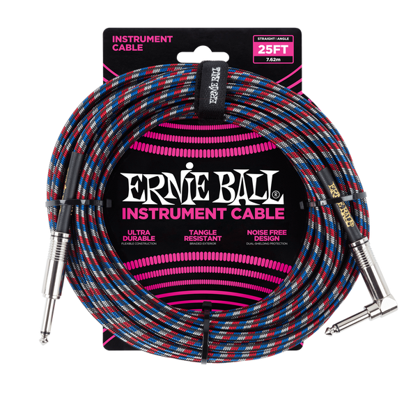 Ernie Ball 25ft  Black/Red/White Braided Straight/Angle Instrument cable P06063
