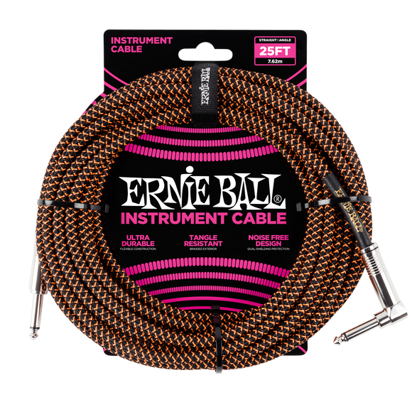 Ernie Ball 25ft  Black/Orange Braided Straight/Angle Instrument cable P06064