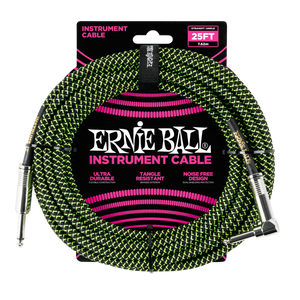 Ernie Ball 25ft  Black/Green Braided Straight/Angle Instrument cable P06066