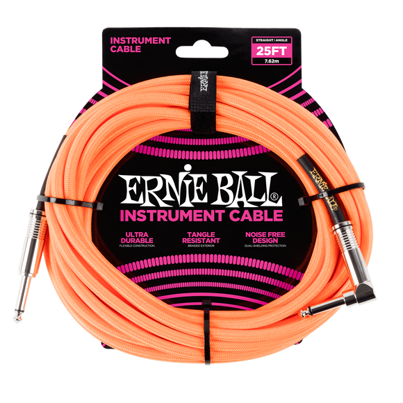 Ernie Ball 25ft  Neon Orange Braided Straight/Angle Instrument cable P06067