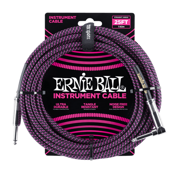 Ernie Ball 25ft  Black/Purple Braided Straight/Angle Instrument cable P06068