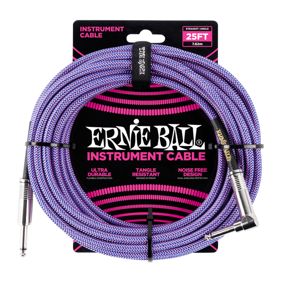 Ernie Ball 25ft  Purple/Blue Braided Straight/Angle Instrument cable P06069