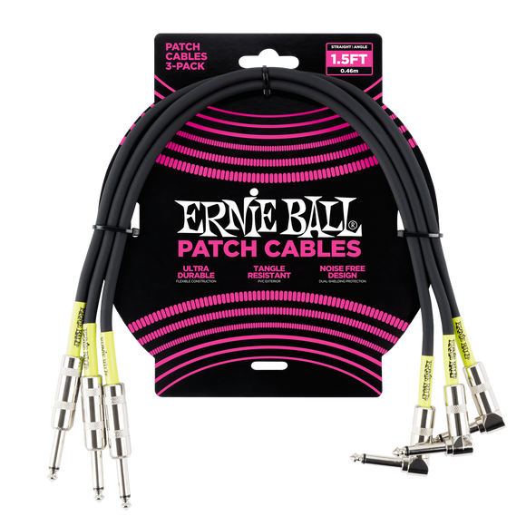 Ernie Ball 1.5ft Angle / Straight Patch Cable 3-Pack Black P06076
