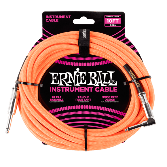 Genuine Ernie Ball 10' Braided Straight / Angle Instrument Cable - Neon Orange P06079