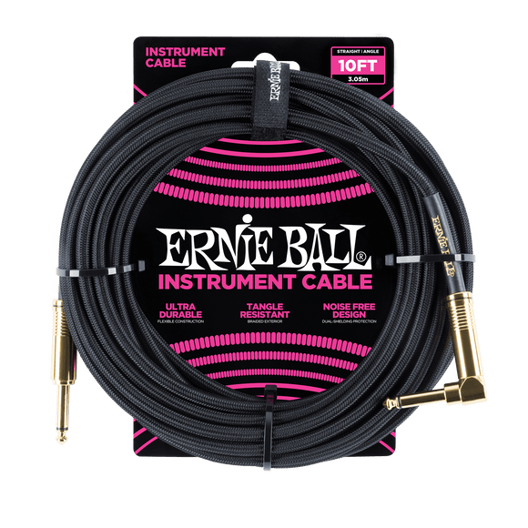 Genuine Ernie Ball 10' Braided Straight/Angle Instrument Cable Black w/Gold conn P06081