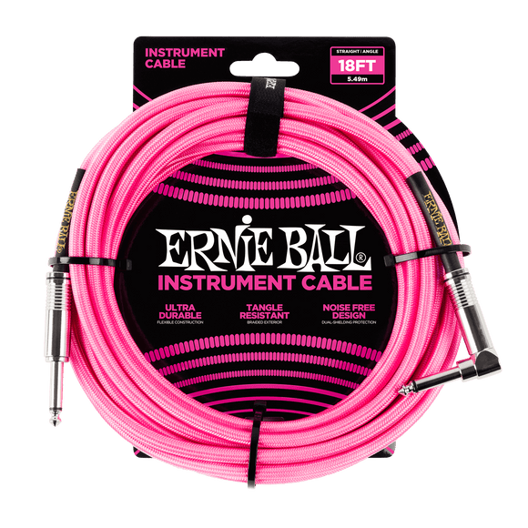 Genuine Ernie Ball 18' Braided Straight/Angle Instrument Cable Neon Pink P06083