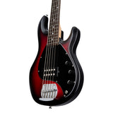 Sterling by Music Man Ray5 Stingray 5 String Bass, Ruby Red Burst Satin