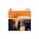 D'Addario EJ10-3D 80/20 Bronze Acoustic Guitar Strings, Extra Light 10-47 3 Sets