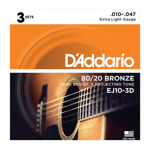 D'Addario EJ10-3D 80/20 Bronze Acoustic Guitar Strings, Extra Light 10-47 3 Sets