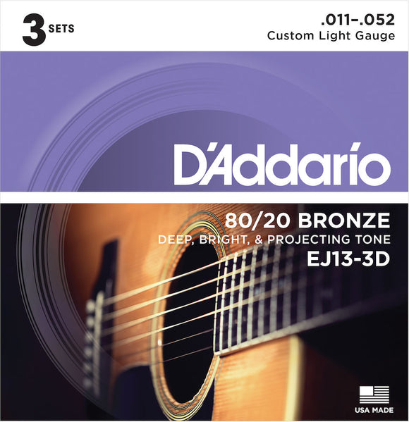 D'Addario EJ13-3D 80/20 Bronze Acoustic Guitar Strings Custom Light 11-52 3 Sets