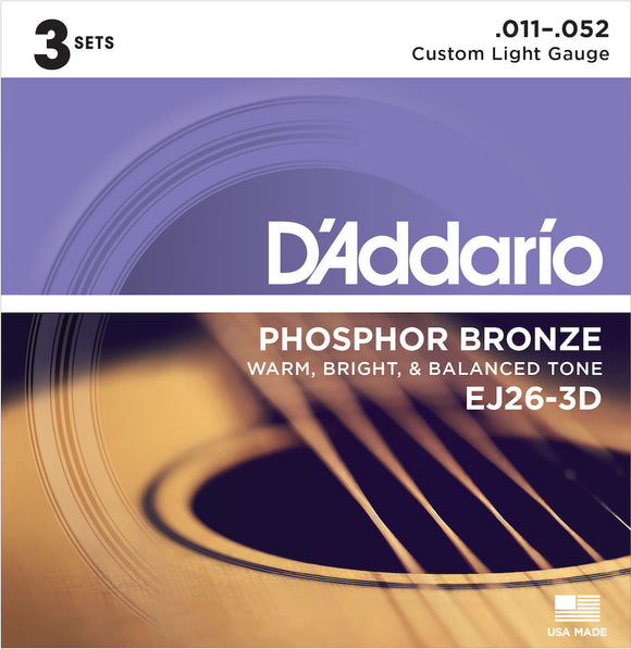 D'Addario EJ26-3D Phosphor Bronze Acoustic Strings, Custom Light 11-52, 3 Sets