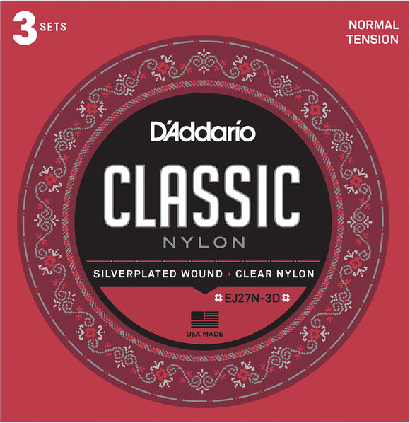 D'Addario EJ27N Student Nylon Classical Guitar Strings, Normal Tension, 3 Sets