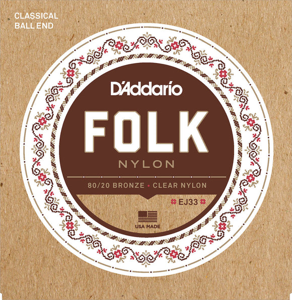 D'Addario EJ33 Folk Nylon Guitar Strings, Ball End, 80/20 Bronze/Clear Nylon