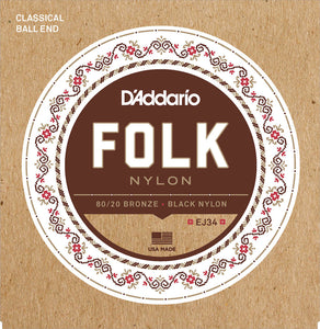 D'Addario EJ34 Folk Nylon Guitar Strings, Ball End, 80/20 Bronze/Black Nylon