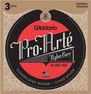 D'Addario EJ45-3D Pro-Arte Nylon Classical Guitar Strings, Normal Tension 3 Sets