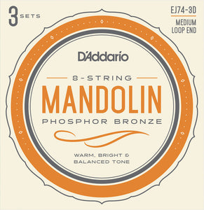 D'Addario EJ74-3D Mandolin Strings, Phosphor Bronze, Medium, 11-40, 3 Sets