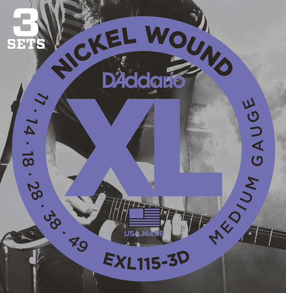 D'Addario EXL115-3D Nickel Wound Electric Guitar Strings, 3 Sets 11-49, 3 Sets