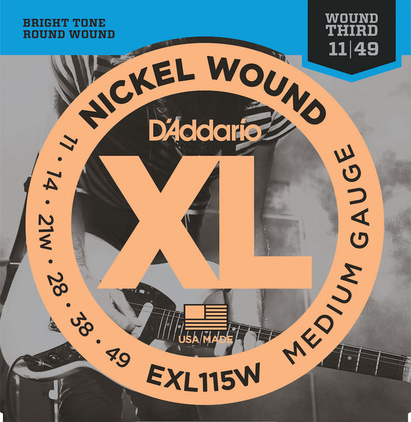 D'Addario EXL115w Nickel Wound Electric Guitar Strings, MediumWound 3rd, 11-49