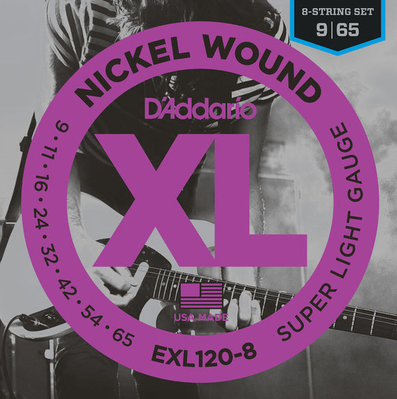 D'Addario EXL120-8 8-String Nickel Wound Guitar Strings, Super Light, 09-65