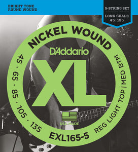 D'Addario EXL165 5-String Bass Guitar Strings, Custom Light, 45-135, Long Scale